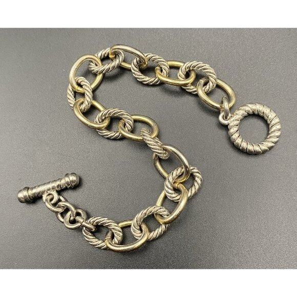 Two Tone Rope Link Bracelet Toggle 7.25" Gold Silver Chunky Rolo Designer Style - Picture 2 of 5